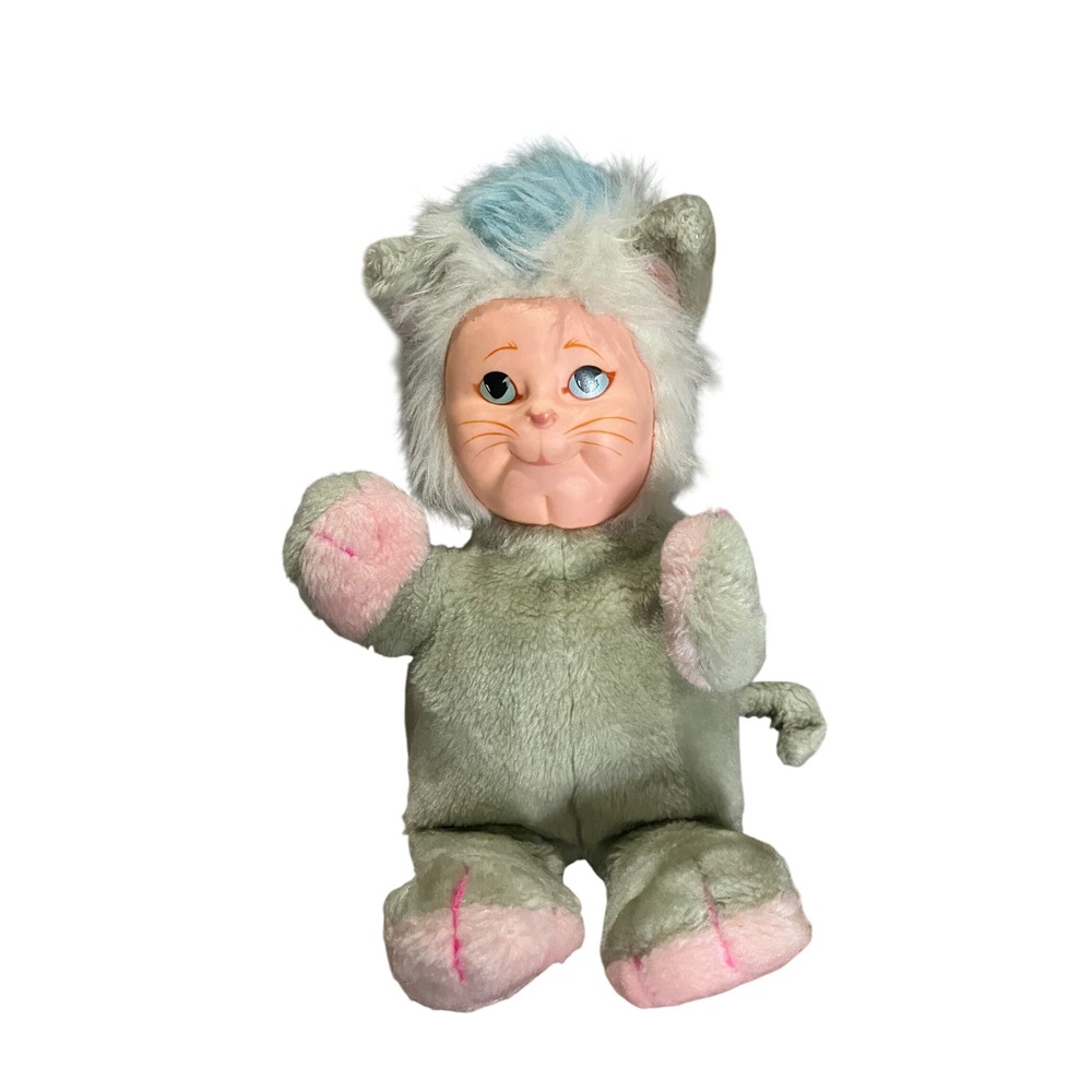 Vintage 1980s Galoob So Soft Baby Doll Grey Cat Rubber Face Plush 8 inch